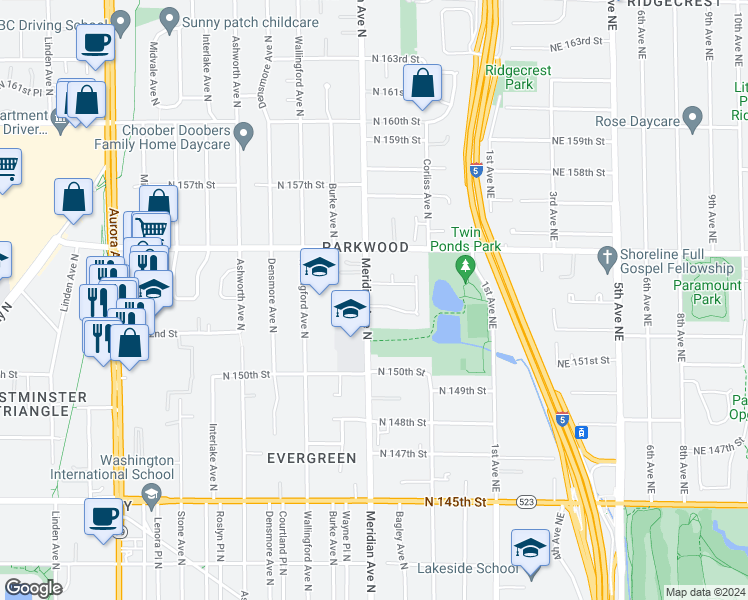 map of restaurants, bars, coffee shops, grocery stores, and more near 2104 North 153rd Street in Shoreline