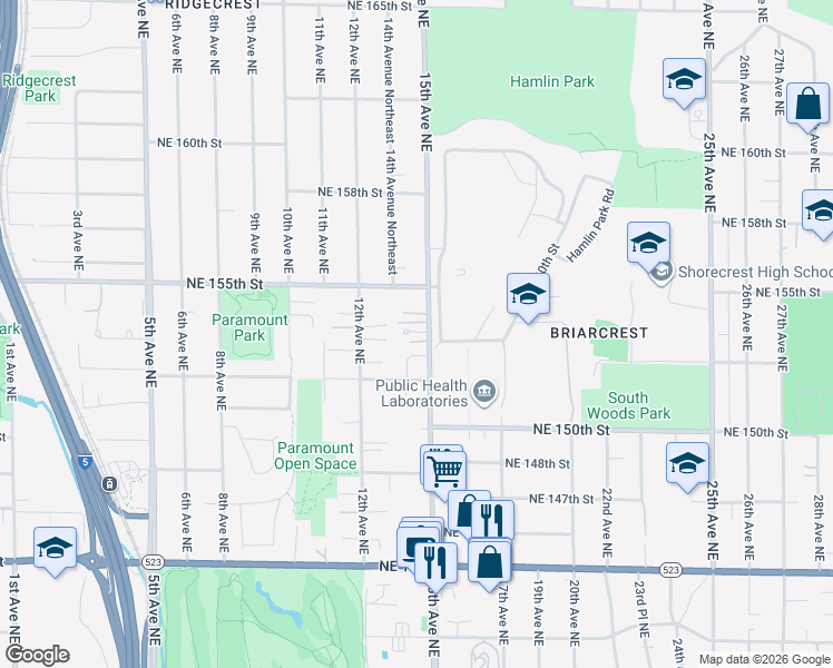 map of restaurants, bars, coffee shops, grocery stores, and more near 15327 15th Avenue Northeast in Shoreline
