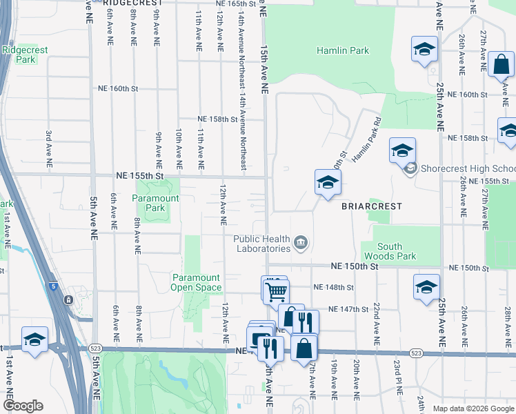 map of restaurants, bars, coffee shops, grocery stores, and more near 15327 15th Avenue Northeast in Shoreline