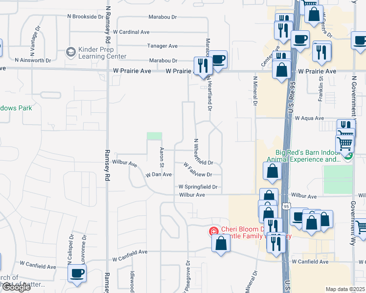 map of restaurants, bars, coffee shops, grocery stores, and more near 961 Harvest Moon Avenue in Coeur d'Alene