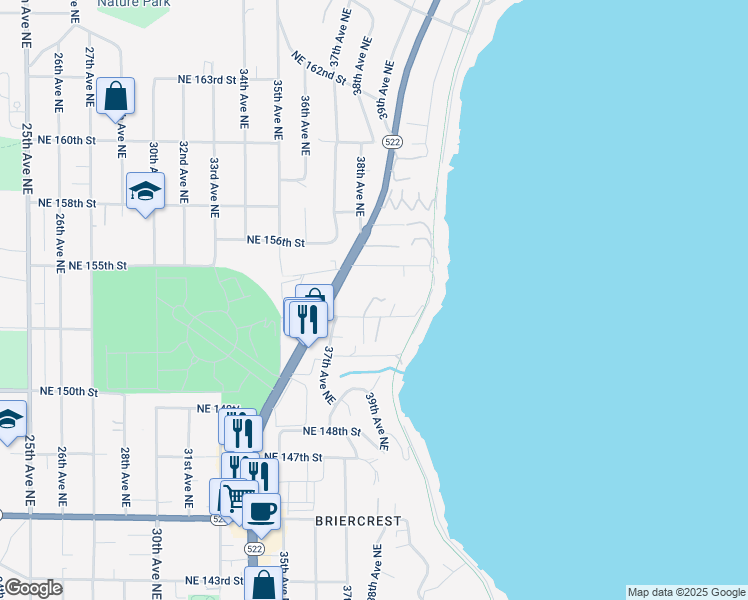 map of restaurants, bars, coffee shops, grocery stores, and more near 3801 Northeast 155th Street in Lake Forest Park
