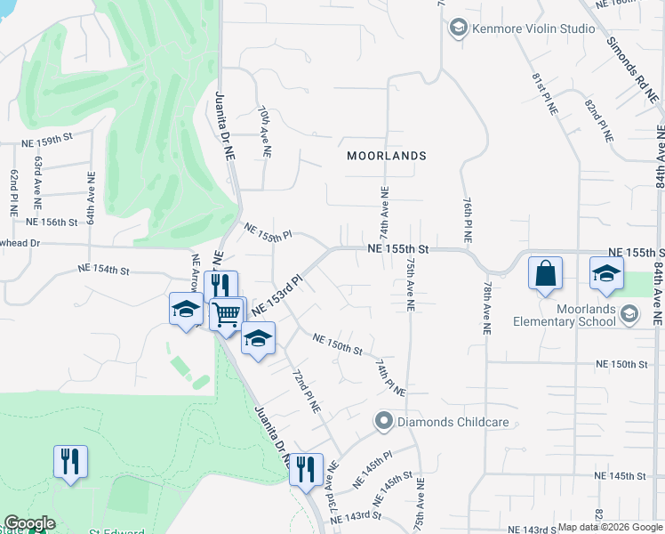 map of restaurants, bars, coffee shops, grocery stores, and more near 15328 72nd Avenue Northeast in Kenmore