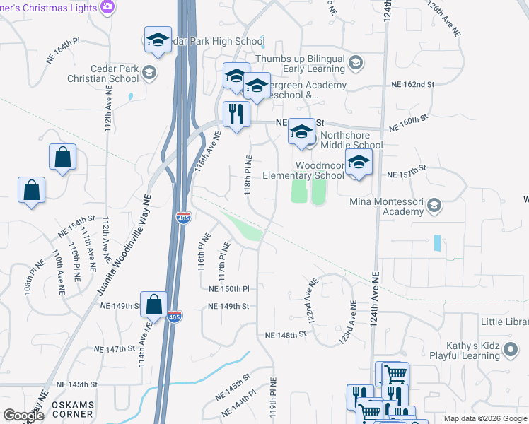 map of restaurants, bars, coffee shops, grocery stores, and more near 11815 Northeast 156th Street in Bothell