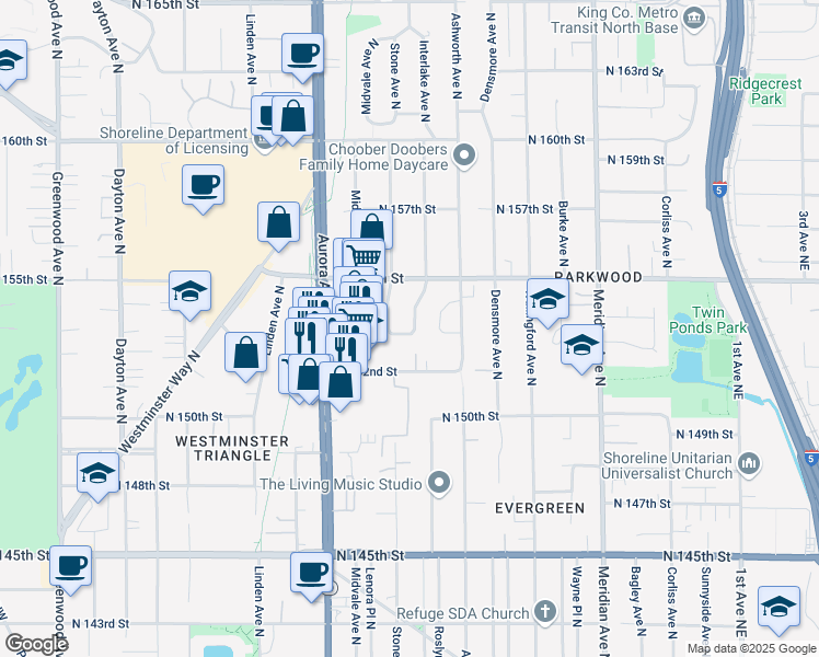map of restaurants, bars, coffee shops, grocery stores, and more near 15320 Interlake Avenue North in Shoreline
