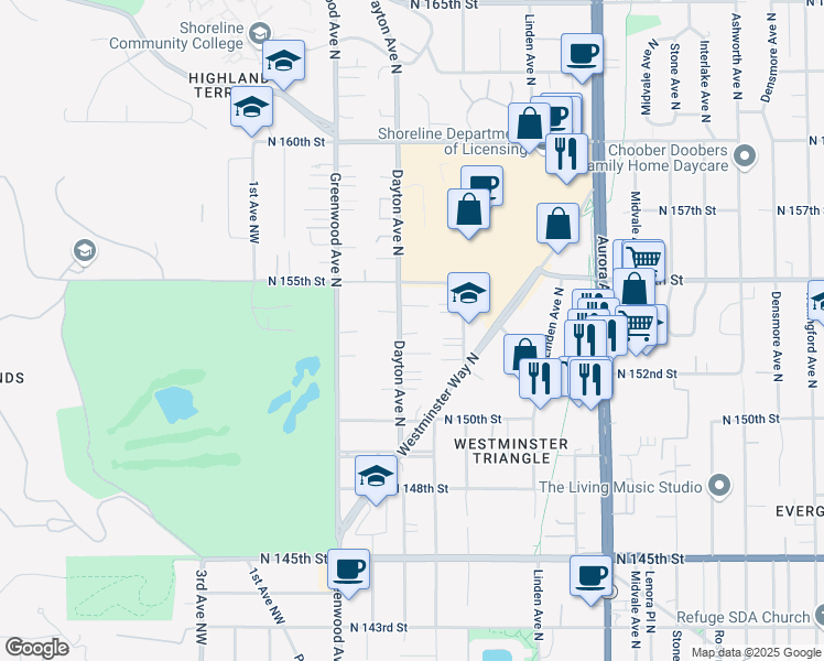 map of restaurants, bars, coffee shops, grocery stores, and more near 15243 Fremont Avenue North in Shoreline