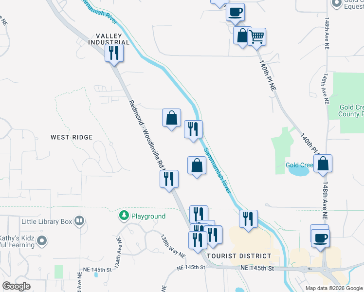 map of restaurants, bars, coffee shops, grocery stores, and more near 15500 Woodinville Redmond Road Northeast in Woodinville