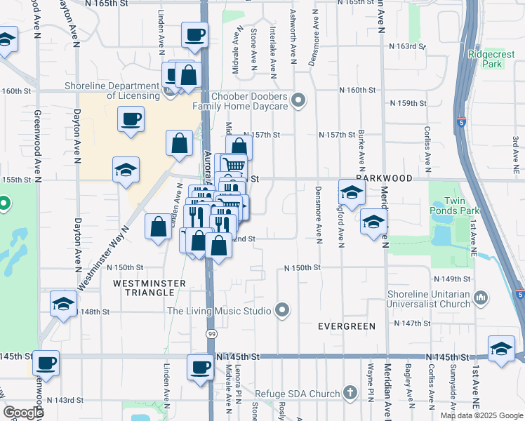 map of restaurants, bars, coffee shops, grocery stores, and more near 15320 Interlake Avenue North in Shoreline