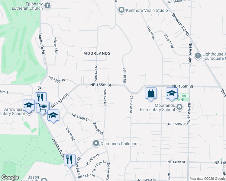 map of restaurants, bars, coffee shops, grocery stores, and more near 7531 Northeast 155th Street in Kenmore