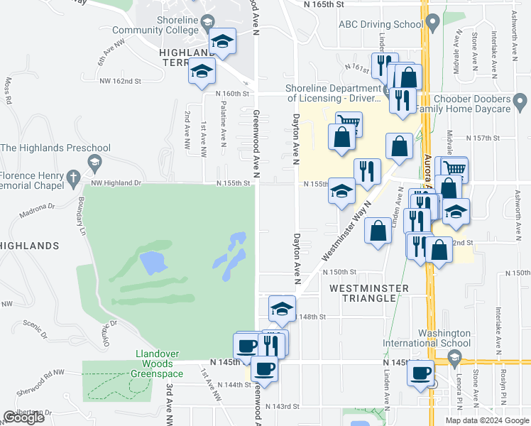 map of restaurants, bars, coffee shops, grocery stores, and more near 15242 Greenwood Avenue North in Shoreline
