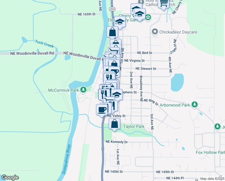 map of restaurants, bars, coffee shops, grocery stores, and more near 15520 Main Street Northeast in Duvall