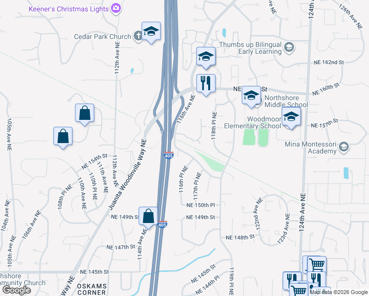 map of restaurants, bars, coffee shops, grocery stores, and more near 11612 Northeast 155th Street in Kirkland