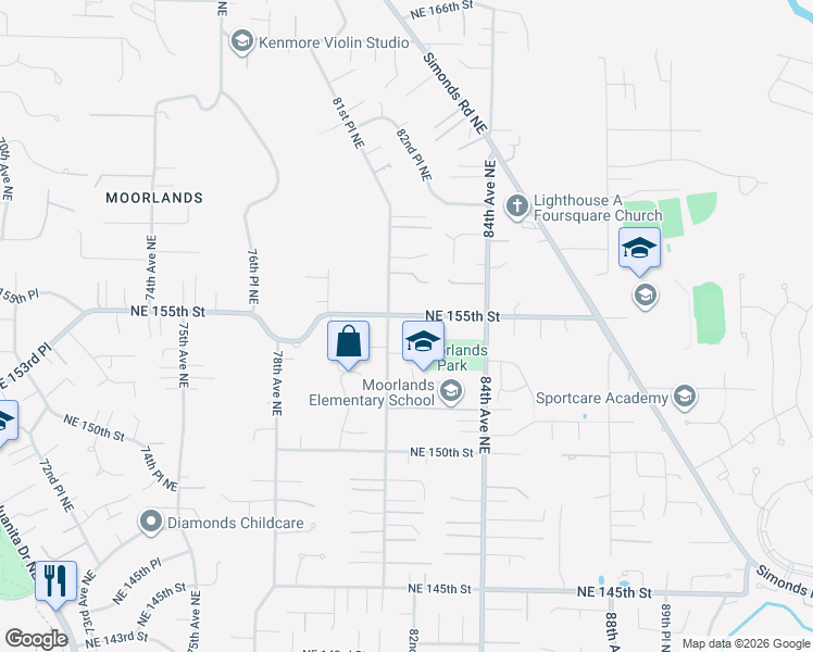 map of restaurants, bars, coffee shops, grocery stores, and more near 8123 Northeast 155th Street in Kenmore