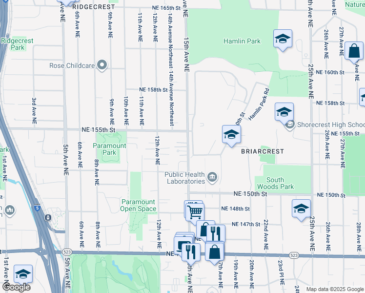 map of restaurants, bars, coffee shops, grocery stores, and more near 15327 15th Avenue Northeast in Shoreline