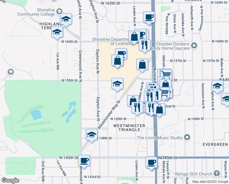 map of restaurants, bars, coffee shops, grocery stores, and more near 15237 Fremont Avenue North in Shoreline