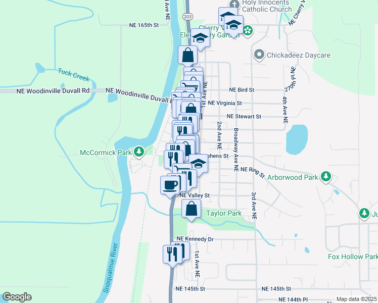 map of restaurants, bars, coffee shops, grocery stores, and more near 15508 Washington 203 in Duvall