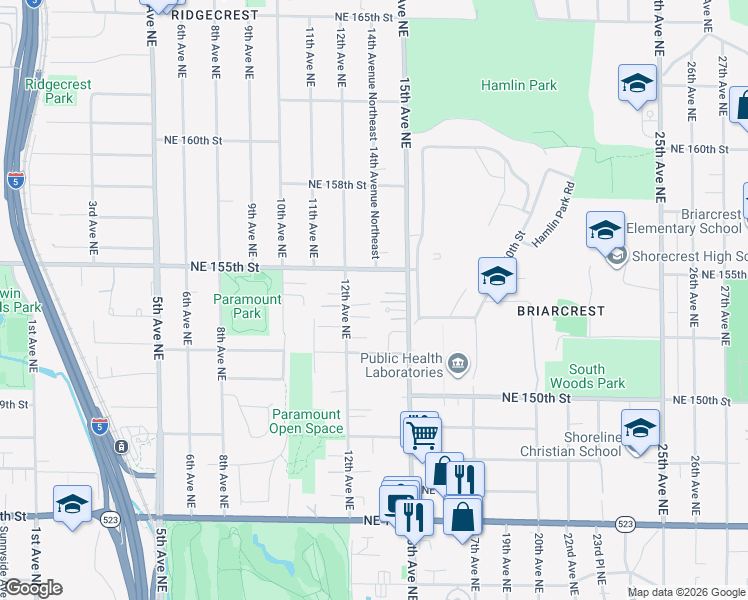 map of restaurants, bars, coffee shops, grocery stores, and more near 15250 12th Avenue Northeast in Shoreline