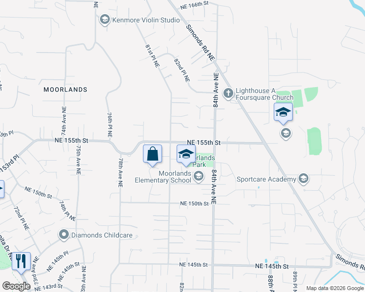 map of restaurants, bars, coffee shops, grocery stores, and more near 8123 Northeast 155th Street in Kenmore