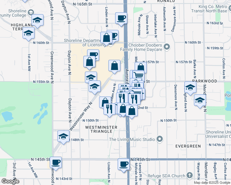 map of restaurants, bars, coffee shops, grocery stores, and more near 15419 Linden Avenue North in Shoreline