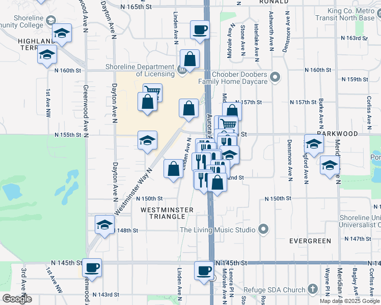 map of restaurants, bars, coffee shops, grocery stores, and more near 15419 Linden Avenue North in Shoreline