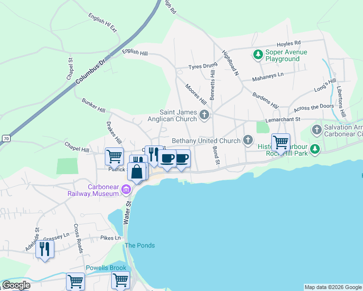 map of restaurants, bars, coffee shops, grocery stores, and more near 11 Crowdy Street in Carbonear