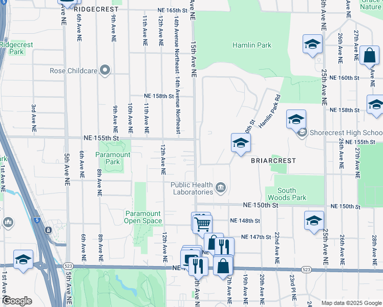 map of restaurants, bars, coffee shops, grocery stores, and more near 15327 15th Avenue Northeast in Shoreline