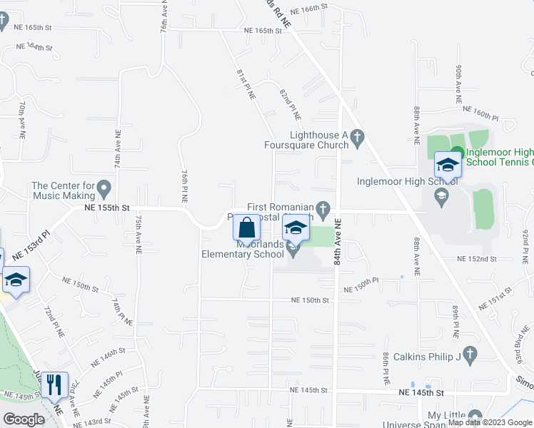 map of restaurants, bars, coffee shops, grocery stores, and more near 15453 81st Avenue Northeast in Kenmore