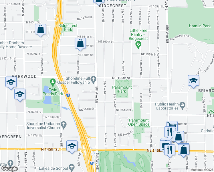 map of restaurants, bars, coffee shops, grocery stores, and more near 15258 6th Avenue Northeast in Shoreline