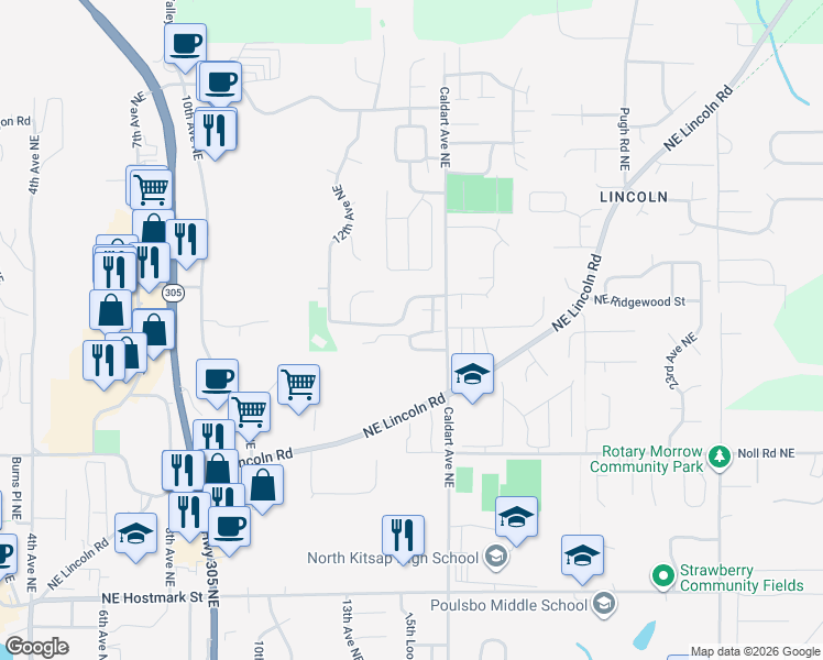 map of restaurants, bars, coffee shops, grocery stores, and more near 1503 Northeast Odessa Way in Poulsbo