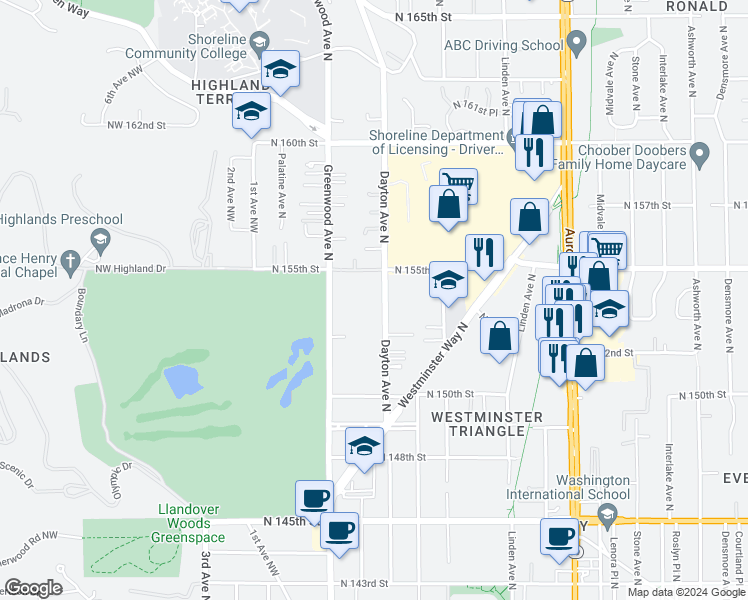map of restaurants, bars, coffee shops, grocery stores, and more near 15255 Dayton Avenue North in Shoreline