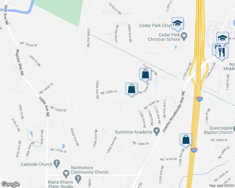 map of restaurants, bars, coffee shops, grocery stores, and more near 10623 Northeast 155th Place in Bothell