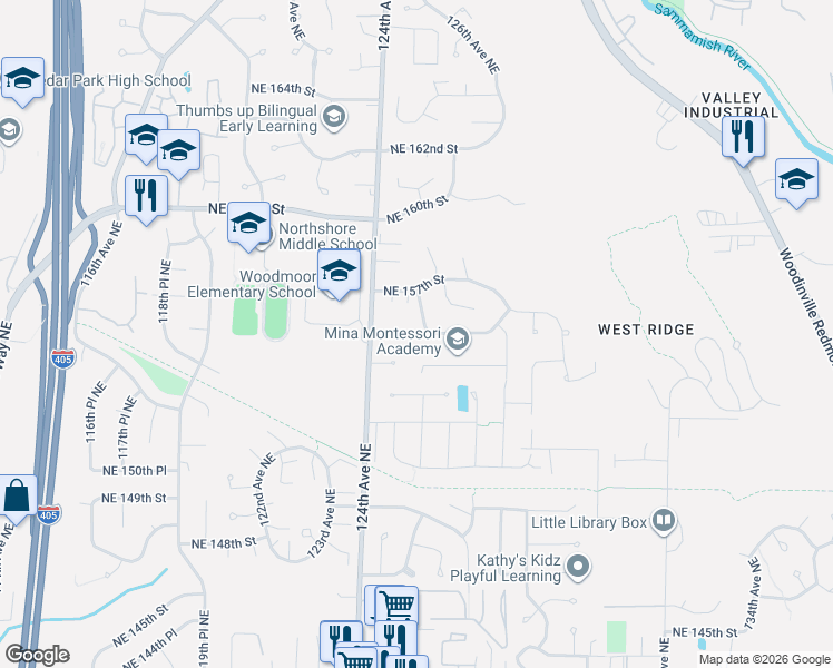 map of restaurants, bars, coffee shops, grocery stores, and more near 15601 125th Place Northeast in Woodinville