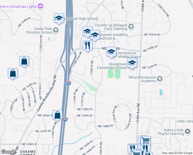 map of restaurants, bars, coffee shops, grocery stores, and more near 11815 Northeast 156th Street in Bothell
