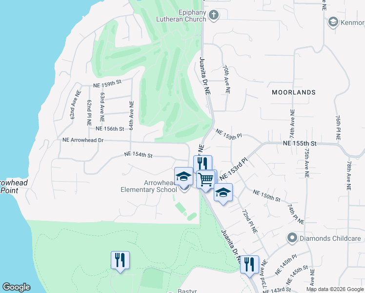 map of restaurants, bars, coffee shops, grocery stores, and more near 6641 Northeast Arrowhead Drive in Kenmore
