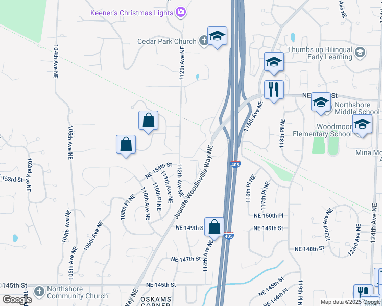 map of restaurants, bars, coffee shops, grocery stores, and more near 15515 Juanita Woodinville Way Northeast in Bothell
