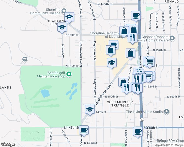 map of restaurants, bars, coffee shops, grocery stores, and more near 15255 Dayton Avenue North in Shoreline
