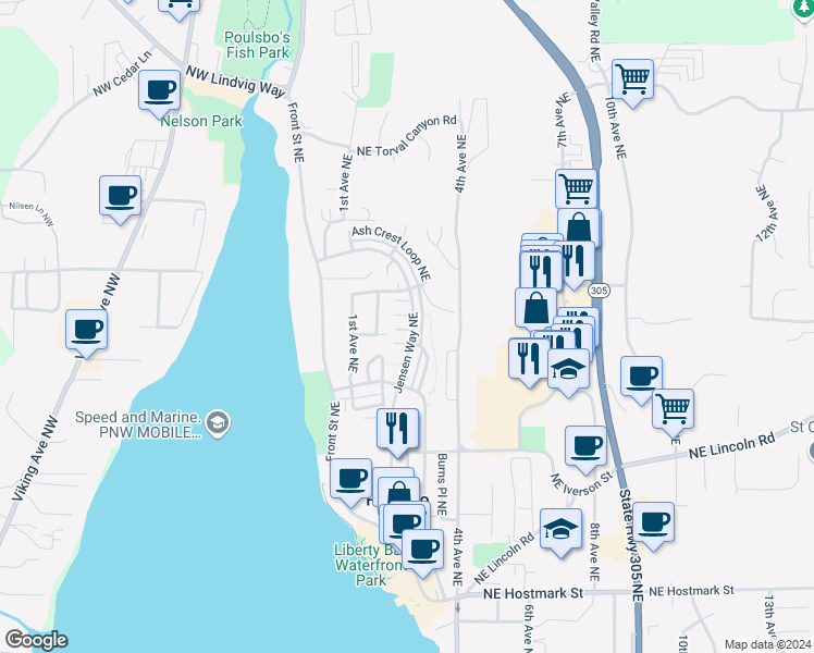 map of restaurants, bars, coffee shops, grocery stores, and more near 212 Northeast Flowering Dogwood Court in Poulsbo