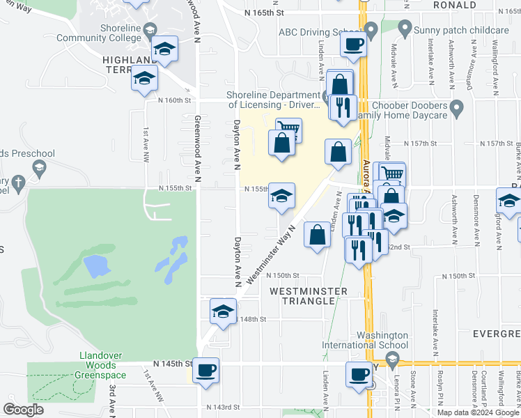 map of restaurants, bars, coffee shops, grocery stores, and more near 15243 Fremont Avenue North in Shoreline