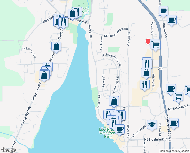 map of restaurants, bars, coffee shops, grocery stores, and more near 19589 Front Street Northeast in Poulsbo
