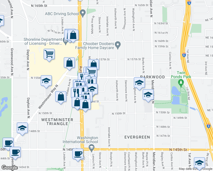 map of restaurants, bars, coffee shops, grocery stores, and more near 15320 Interlake Avenue North in Shoreline