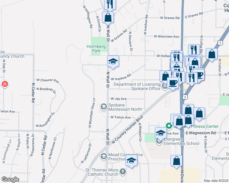 map of restaurants, bars, coffee shops, grocery stores, and more near 621 West Barnes Road in Spokane
