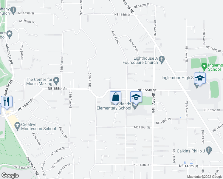 map of restaurants, bars, coffee shops, grocery stores, and more near 7907 Northeast 155th Street in Kenmore