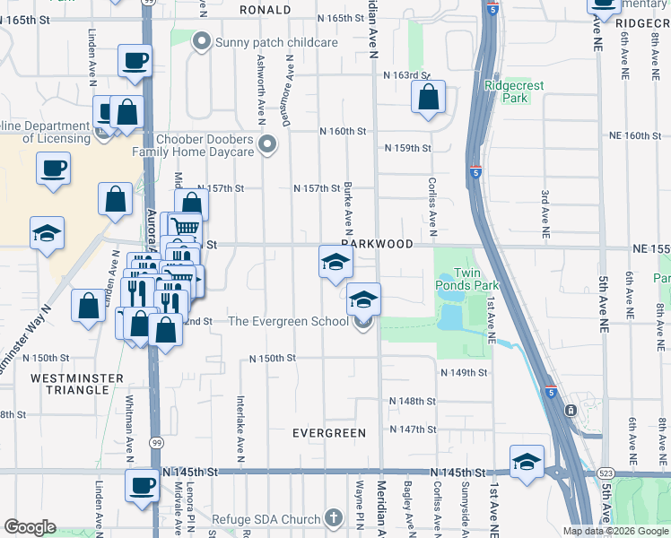 map of restaurants, bars, coffee shops, grocery stores, and more near 1815 North 155th Street in Shoreline