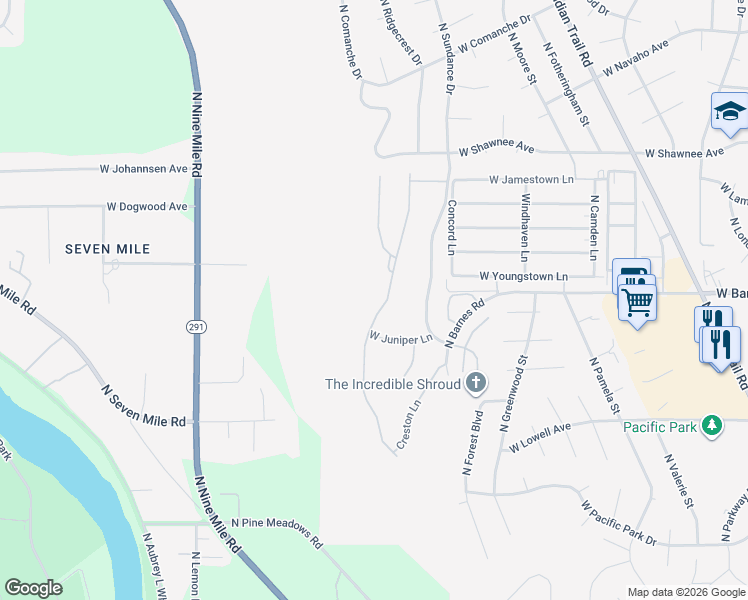 map of restaurants, bars, coffee shops, grocery stores, and more near 9017 N Rosebury Ln in Spokane