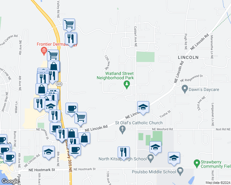 map of restaurants, bars, coffee shops, grocery stores, and more near 1390 Northeast Watland Street in Poulsbo