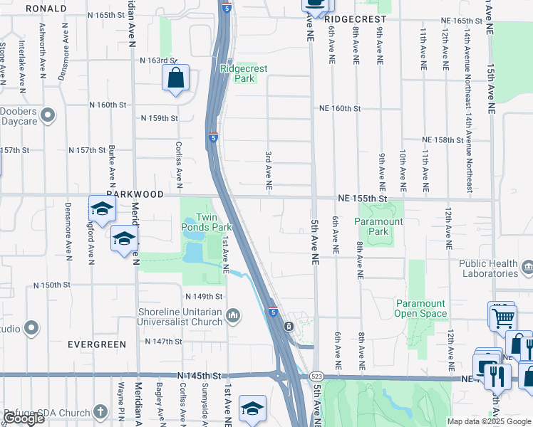 map of restaurants, bars, coffee shops, grocery stores, and more near 15408 2nd Avenue Northeast in Shoreline