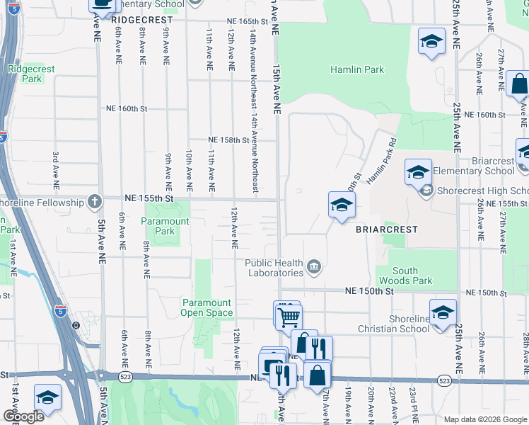 map of restaurants, bars, coffee shops, grocery stores, and more near 15250 12th Avenue Northeast in Shoreline