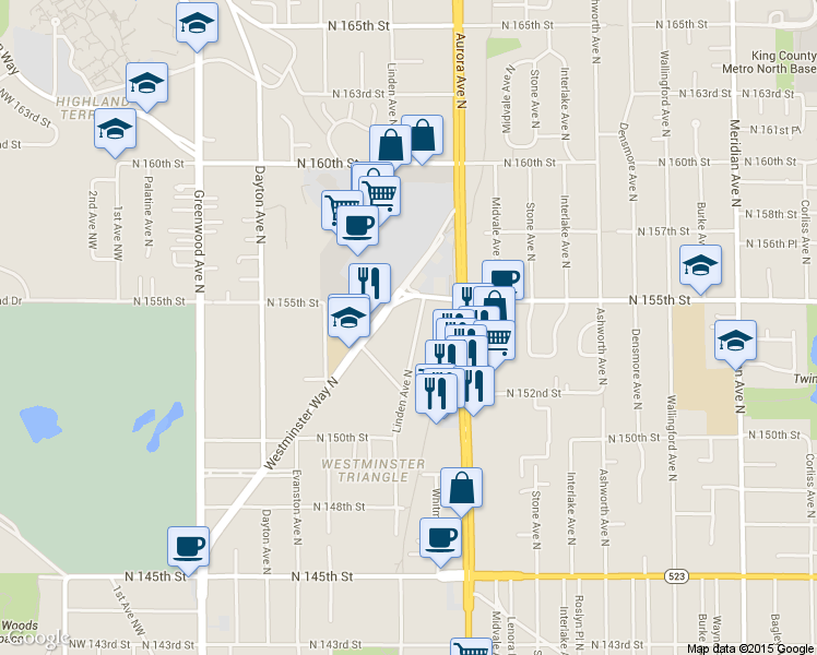 map of restaurants, bars, coffee shops, grocery stores, and more near 15419 Linden Avenue North in Shoreline