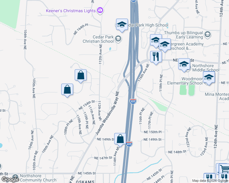 map of restaurants, bars, coffee shops, grocery stores, and more near 15515 Juanita Woodinville Way Northeast in Bothell