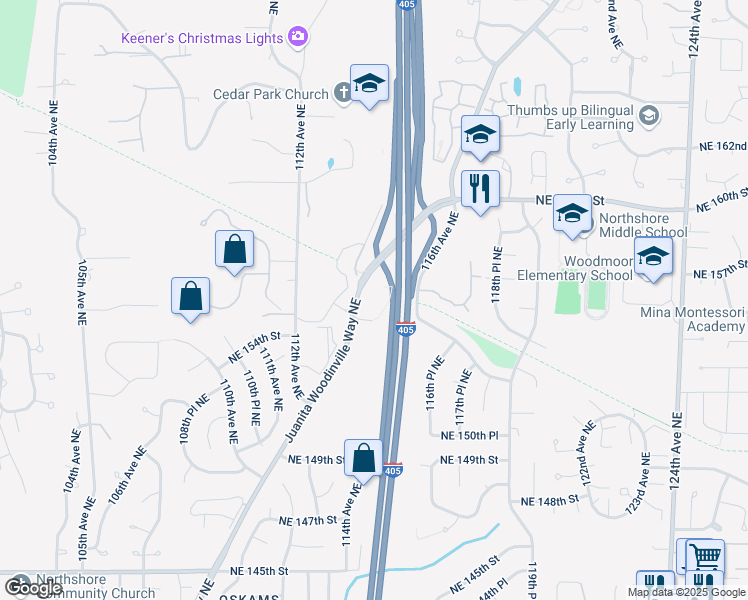 map of restaurants, bars, coffee shops, grocery stores, and more near 15530 Juanita Woodinville Way Northeast in Bothell