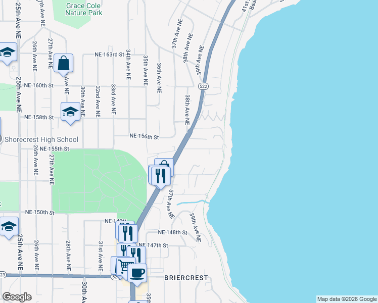 map of restaurants, bars, coffee shops, grocery stores, and more near 3801 Northeast 155th Street in Lake Forest Park